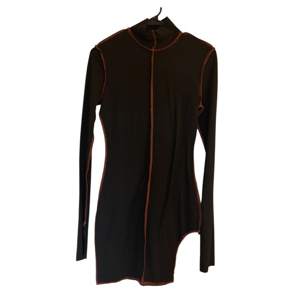 NWOT black long sleeve orange contrast cut out mockneck goth bodycon mini dress - Picture 2 of 7